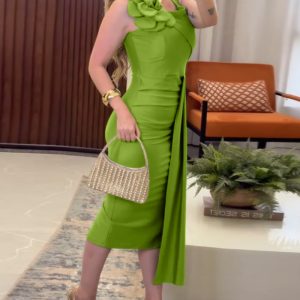 Solid Color 3D Flower Decor Sleeveless Ruched Dress Decorative Side Ties Slit Back Bodycon Dress, women Bodycon Dresses, ChicMe catalog