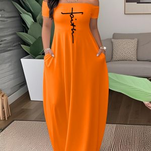 Faith Print Off the Shoulder Short Sleeve Elegant Maxi Dress with Pocket, women Maxi Dresses, ChicMe catalog