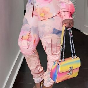 Plus Size Casual Floral Cargo Pants, Plus Pants, color:Pink|size:4X, Stylewe
