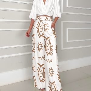 2 Pieces Outfit V-Neck Puff Sleeve Top and Figure Print Shirred Wide Leg, women Two-piece Sets, ChicMe catalog
