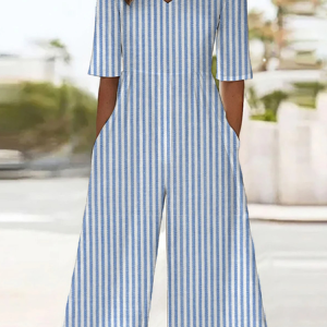 Women Striped V Neck Half Sleeve Casual Summer Jumpsuit, JustFashionNow Jumpsuits＆Rompers, color:Blue|size:4XL,
