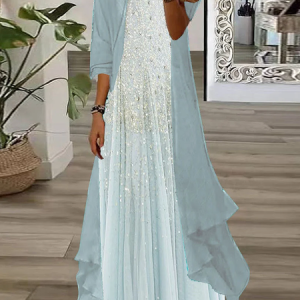 Women Polka Dots Printing Two-Piece Set Daily Three Quarter Sleeve Casual Spring/Fall Dress With Coat Matching Set, JustFashionNow 2-Piece Dresses, color:Blue|size:XXL,