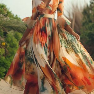 Vacation Floral Printing V Neck Maxi Dress, Maxi Dresses, color:Orange|size:XXL, Stylewe