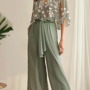 Women's Lace-up Floral Holiday Chiffon Going Out Two-Piece Set Casual Summer Top With Pants Matching Set, JustFashionNow Suit Set, color:Green|size:XXL,