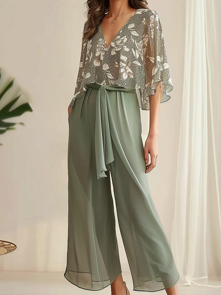 Women's Lace-up Floral Holiday Chiffon Going Out Two-Piece Set Casual Summer Top With Pants Matching Set, JustFashionNow Suit Set, color:Green|size:XXL,