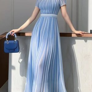 Elegant Striped Printing Stand Collar Maxi Dress, Maxi Dresses, color:Blue|size:XXL, Stylewe