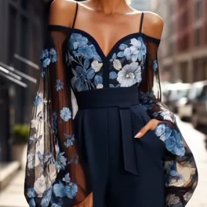 Urban Floral Printing Cold Shoulder Balloon Sleeve Blouse, Blouses and Shirts, color:Blue|size:XXL, Stylewe