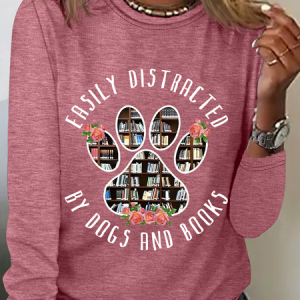 Easily Distracted Dogs And Books Casual Long Sleeve Shirt, Long sleeves, Lilicloth.com