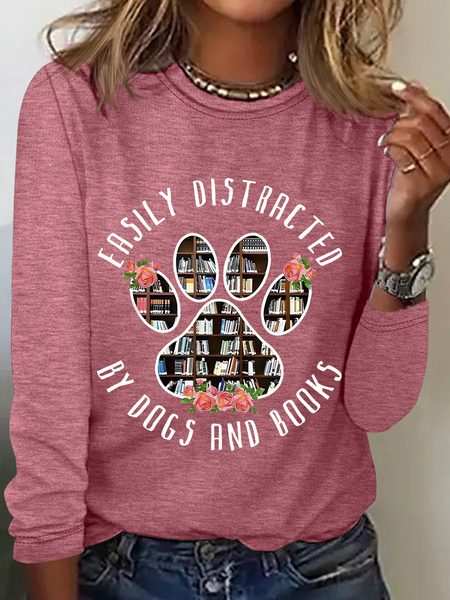 Easily Distracted Dogs And Books Casual Long Sleeve Shirt, Long sleeves, Lilicloth.com
