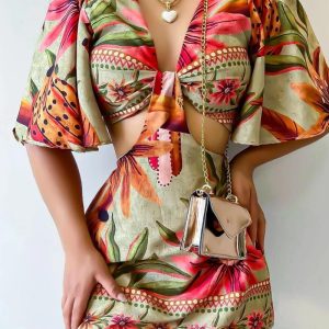 Tropical Print Plung V Neck Bell Sleeve Mini Dress Casual Hollow Out Tied Detail Dress, women Print Dresses, ChicMe catalog