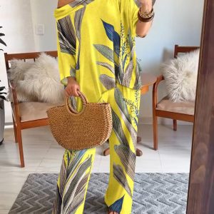 2 Pieces Outfit Batwing Sleeve Asymmetrical Hem Top and Elastic Waist Wide Leg Pants Set Casual Plants Placement Print Loose Fit Set, women Two-piece Sets, ChicMe catalog