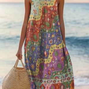 Women Ethnic Summer Dress Crew Neck Sleeveless A-Line Dress, Dresses, color:Yellow|size:4XL, catalog Noracora shop