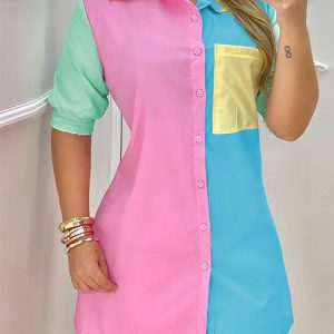 Button Front Pocket Design Colorblock Shirt Dress, women Shirt Dresses, ChicMe catalog