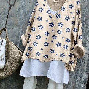Vintage Floral V Neck Long Sleeve T-shirt, T-shirts, color:Khaki|size:4XL, catalog Noracora shop