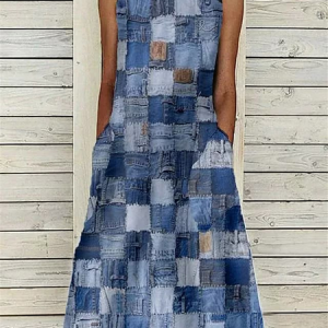 Women Plaid Sleeveless Summer Printing Dress Crew Neck Daily Casual Maxi Fit & Flare Dress H-Line Dress, JustFashionNow Casual Dresses, color:Blue|size:3XL,
