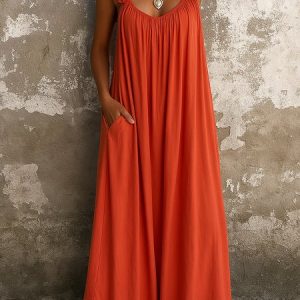 Women Plain Spaghetti Sleeveless Comfy Casual Maxi Dress, Dresses, color:Orange|size:4XL, catalog Noracora shop