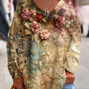 Women's Long Sleeve Tee T-shirt Spring/Fall Floral Printing V Neck Casual Top, JustFashionNow T-Shirts, color:As Picture|size:3XL