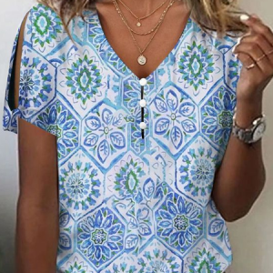 Women Floral Short Sleeve Tee T-shirt V Neck Printing Casual Summer Graphic Tee Top, JustFashionNow T-Shirts, color:Blue|size:5XL