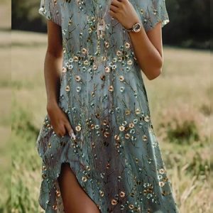 Women Floral Crew Neck Short Sleeve Comfy Vintage Midi Dress, Dresses, color:Green|size:4XL, catalog Noracora shop