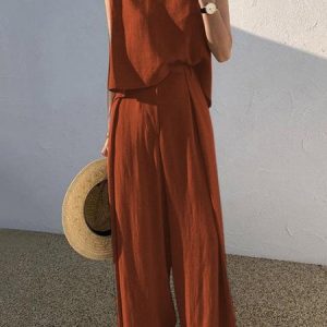 Women Plain Crew Neck Sleeveless Comfy Casual Top With Pants Two-Piece Set, Sets, color:Orange|size:5XL, catalog Noracora shop