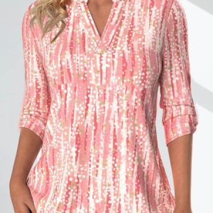 Women Striped Long Sleeve Blouse Spring/Fall V Neck Daily Casual Top, JustFashionNow Shirts, color:Pink|size:XXL,