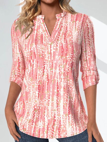 Women Striped Long Sleeve Blouse Spring/Fall V Neck Daily Casual Top, JustFashionNow Shirts, color:Pink|size:XXL,