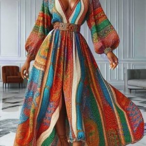 Vacation Ethnic Patterns Balloon Sleeve Printing V Neck Maxi Dress, Maxi Dresses, color:As Picture|size:XXL, Stylewe