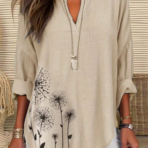 Women Floral Long Sleeve Blouse Spring/Fall Printing V Neck Daily Casual Top, JustFashionNow Shirts, color:Beige|size:5XL,