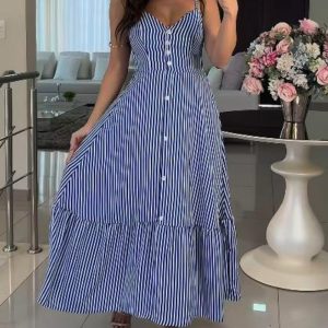 Striped Print V Neck Button Front Dress Casual A Line Spaghetti Strap Dress, women Maxi Dresses, ChicMe catalog
