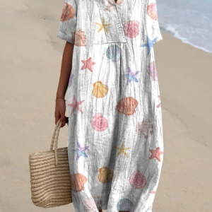 Women Colorful Ocean Shells Pattern Comfy Casual Maxi Dress, Dresses, color:White|size:3XL, catalog Noracora shop