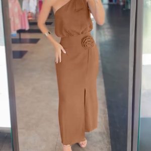 2 Pieces Outfit One Shoulder Sleeveless Elastic Hem Crop Top and 3D Flower Decor High Waist Slit Dress Set, women Two-piece Sets, ChicMe catalog