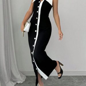 Urban Color Block Split Joint Shawl Collar Maxi Dress, Maxi Dresses, color:Black-white|size:XXL, Stylewe
