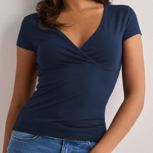 Women Plain Short Sleeve Tee T-shirt V Neck Ruched Casual Summer Top, JustFashionNow T-Shirts, color:Navyblue|size:XXL,