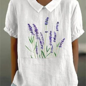 Shawl Collar Half Sleeve Plants Regular Loose Blouse For Women, Blouses, color:White|size:4XL, catalog Noracora shop