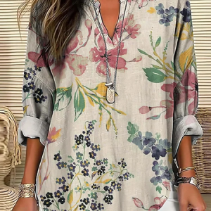 Women Floral Long Sleeve Blouse Spring/Fall Printing V Neck Daily Casual Top, JustFashionNow Shirts, color:Light Khaki|size:5XL,