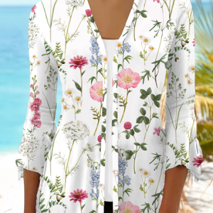 Women Floral Spring/Fall Cover-up Casual Printing Lightweight Cardigan, JustFashionNow Cardigans, color:White|size:XXL,