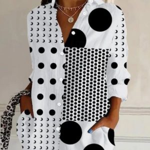 Casual V Neck Long Sleeve Geometric Print Comfy Shirt For Women, Shirts, color:Black-white|size:4XL, catalog Noracora shop
