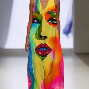 Elegant Random Print Printing Loosen V Neck Maxi Dress, Maxi Dresses, color:As Picture|size:XXL, Stylewe