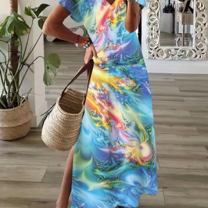 Women Abstract V Neck Short Sleeve Comfy Casual Printing Maxi Dress, Dresses, color:Blue|size:3XL, catalog Noracora shop