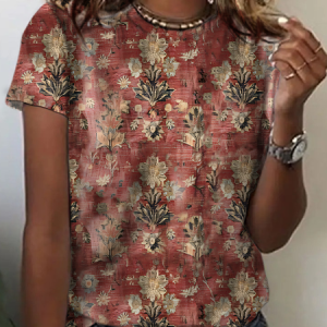 Women Ethnic Short Sleeve Tee T-shirt Crew Neck Casual Summer Top, JustFashionNow T-Shirts, color:As Picture|size:XXL,