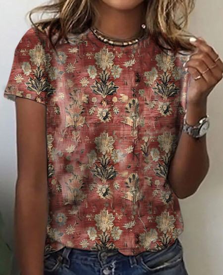 Women's Vintage Bohemian Floral Print Cotton T-Shirt, T-shirts, Lilicloth.com - Image 8