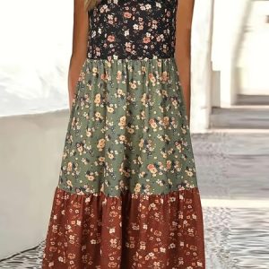 Women Floral Crew Neck Sleeveless Comfy Casual Maxi Dress, Maxi, color:Green|size:XS, catalog Noracora shop