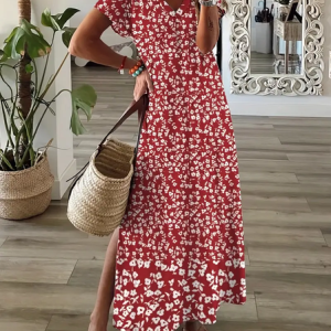 Women Floral Short Sleeve Summer Dress V Neck Daily Casual Maxi X-Line Dress, JustFashionNow Casual Dresses, color:Red|size:3XL,