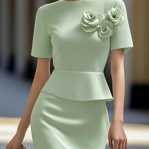 Urban Plain 3D Floral Crew Neck Blouse, Blouses and Shirts, color:Lightgreen|size:XXL, Stylewe