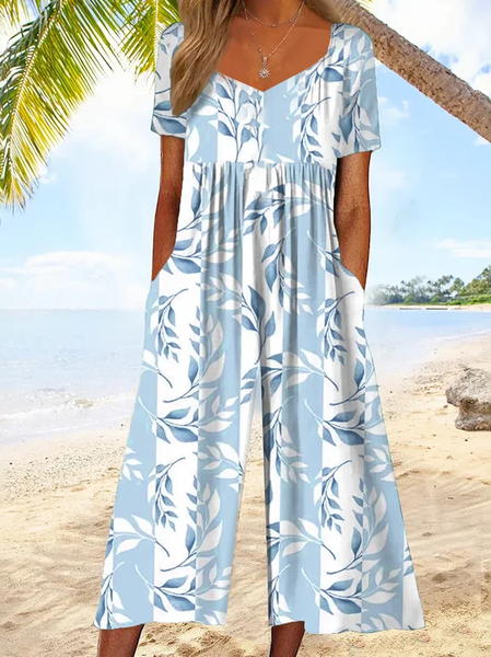 Women Floral V Neck Half Sleeve Casual Summer Jumpsuit, JustFashionNow Jumpsuits&Rompers, color:Blue|size:4XL,
