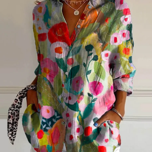 Women Floral Long Sleeve Shirt Spring/Fall Buckle Shirt Collar Daily Casual Top, JustFashionNow Shirts, color:As Picture|size:4XL,