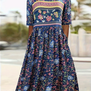 Women Floral Half Sleeve Summer Printing Dress Crew Neck Daily Casual Maxi A-Line Dress, JustFashionNow Casual Dresses, color:Purplish Blue|size:5XL,