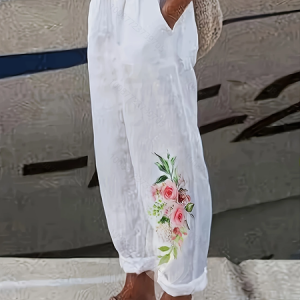 Casual Floral Long Printing Pant, Pants, color:White|size:5XL, catalog Noracora shop