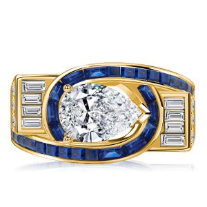 unique engagement rings - Italo Golden Art Deco Rings Pear Shaped Blue Sapphire Rings, Italo jewelry - Online Catalog