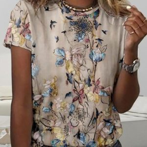 Loose Casual Crew Neck Floral T-Shirt, T-shirts, Lilicloth.com